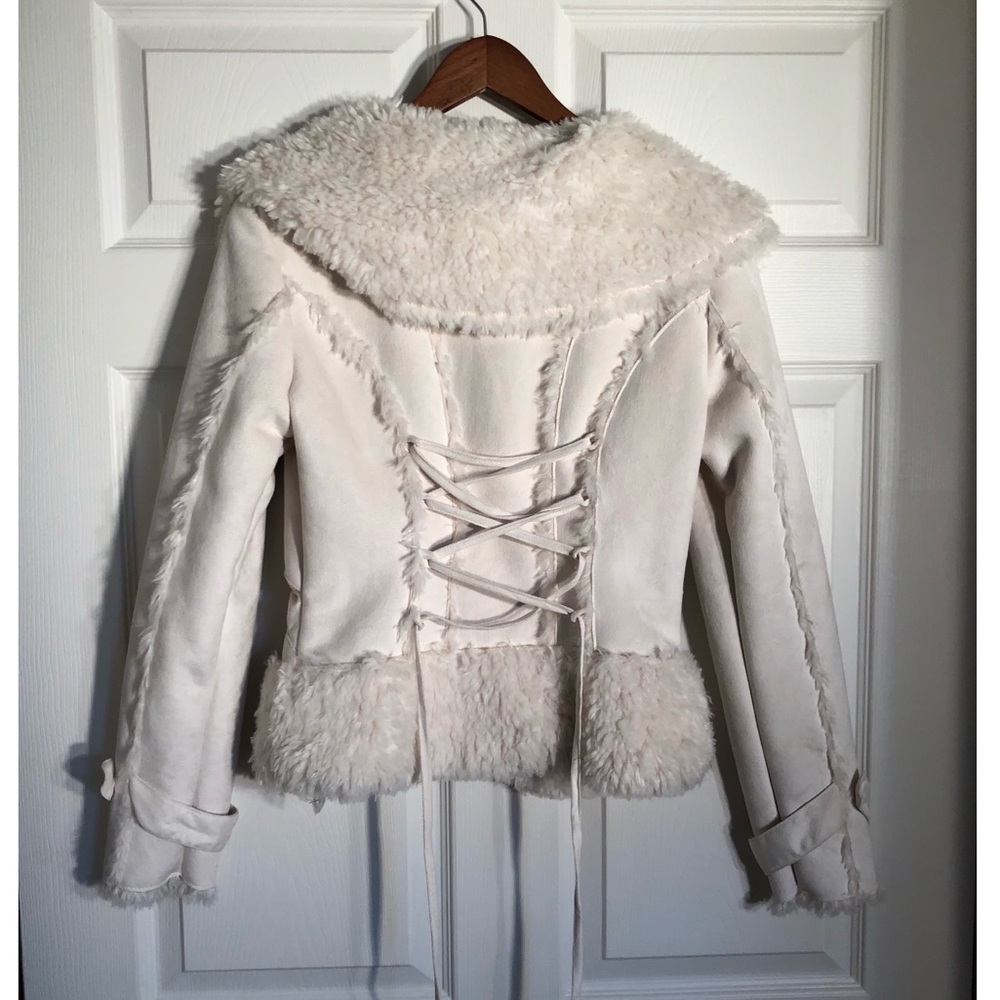 Bebe Shearling/Suede Back Lace Up Coat - Picture 6 of 8